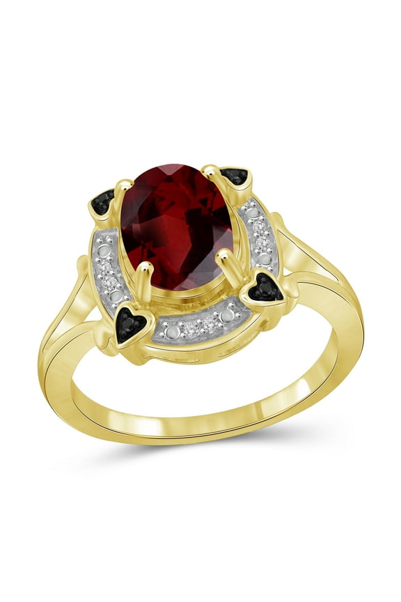 Gold Plated Silver Cluster Ring Garnet with Black & White Diamond Accent Gemstone