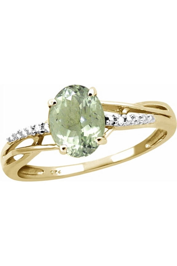 14K Gold Plated Silver Birthstone Ring 1.30 Carat Green Amethyst with White Diamond Accent Size 8