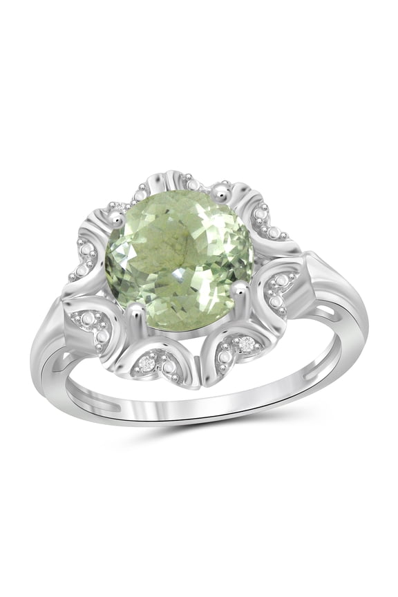 Green Amethyst Ring Birthstone Jewelry – 2.50 Carat Green Amethyst 0.925 Sterling Silver Ring Jewelry with White Diamond Accent – Gemstone Rings with Hypoallergenic 0.925 Sterling Silver
