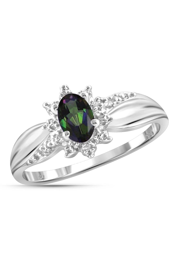Mystic Topaz Ring Birthstone Jewelry – 0.45 Carat Mystic Topaz Sterling Silver Ring Jewelry with White Diamond Accent – Gemstone Rings with Hypoallergenic Sterling Silver Band