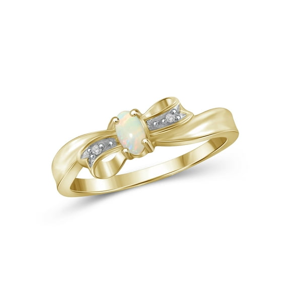 Opal Ring Birthstone Jewelry – 0.10 Carat Opal 14K Gold Plated Silver Ring Jewelry with White Diamond Accent – Gemstone Rings with Hypoallergenic 14K Gold Plated Silver Band
