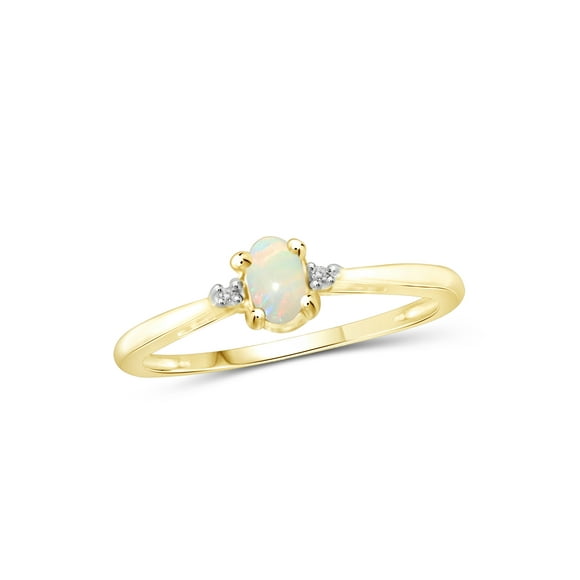 Opal Ring Birthstone Jewelry – 0.15 Carat Opal 14K Gold Plated Silver Ring Jewelry with White Diamond Accent – Gemstone Rings with Hypoallergenic 14K Gold Plated Silver Band