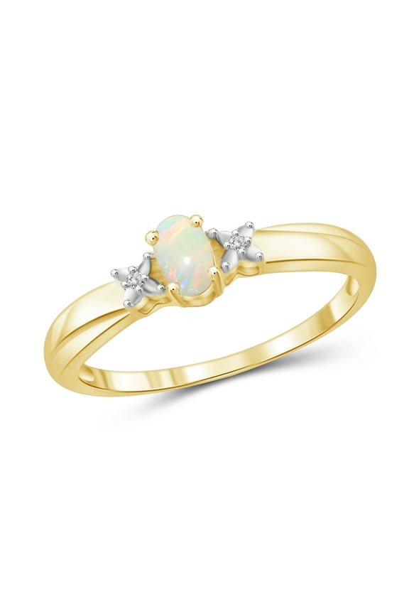 Opal Ring Birthstone Jewelry – 0.15 Carat Opal 14K Gold Plated Silver Ring Jewelry with White Diamond Accent – Gemstone Rings with Hypoallergenic 14K Gold Plated Silver Band
