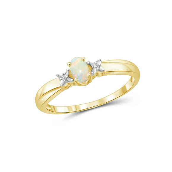 Opal Ring Birthstone Jewelry – 0.15 Carat Opal 14K Gold Plated Silver Ring Jewelry with White Diamond Accent – Gemstone Rings with Hypoallergenic 14K Gold Plated Silver Band