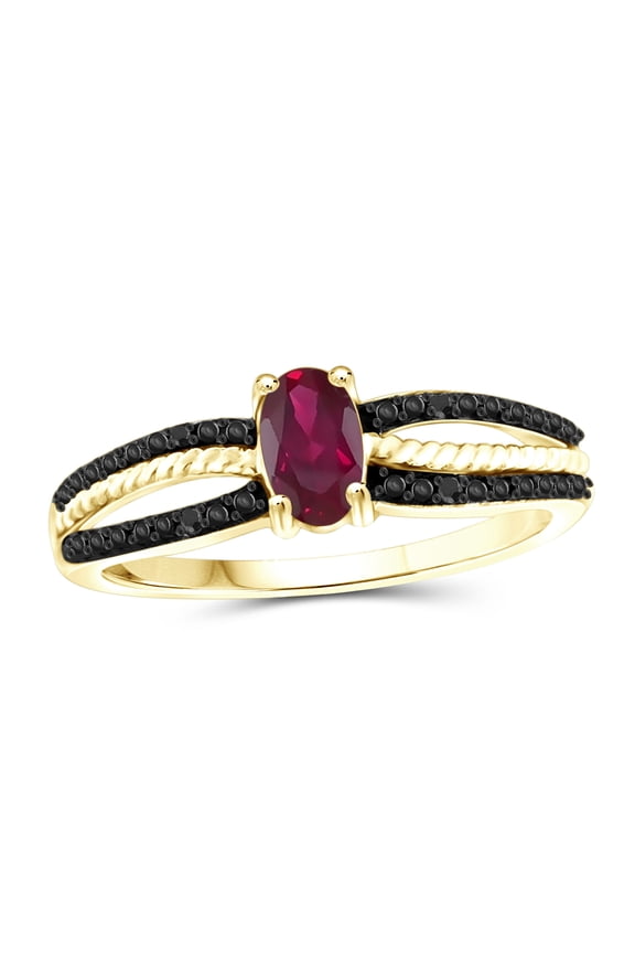 Ruby Ring Birthstone Jewelry – 0.50 Carat Ruby 14K Gold Plated Silver Ring Jewelry with Black Diamond Accent – Gemstone Rings with Hypoallergenic 14K Gold Plated Silver Band