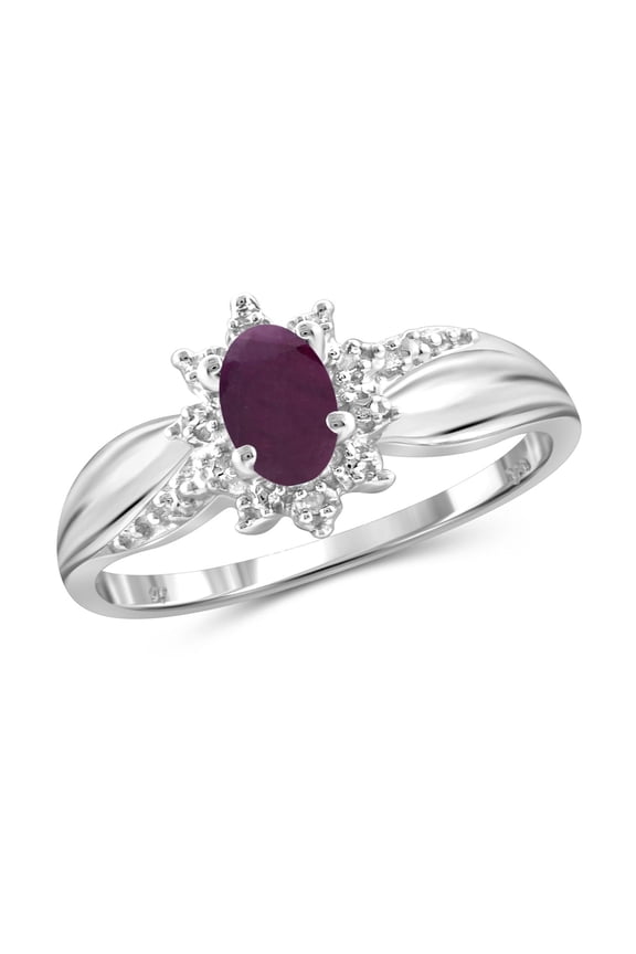 Ruby Ring Birthstone Jewelry – 0.50 Carat Ruby Sterling Silver Ring Jewelry with White Diamond Accent – Gemstone Rings with Hypoallergenic Sterling Silver Band