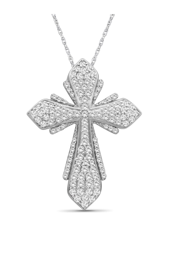 Sterling Silver 1.00 CTW Diamond Cross Pendant Necklace for Women White Diamonds + 18” Rope Chain Included JewelersClub Sterling Silver