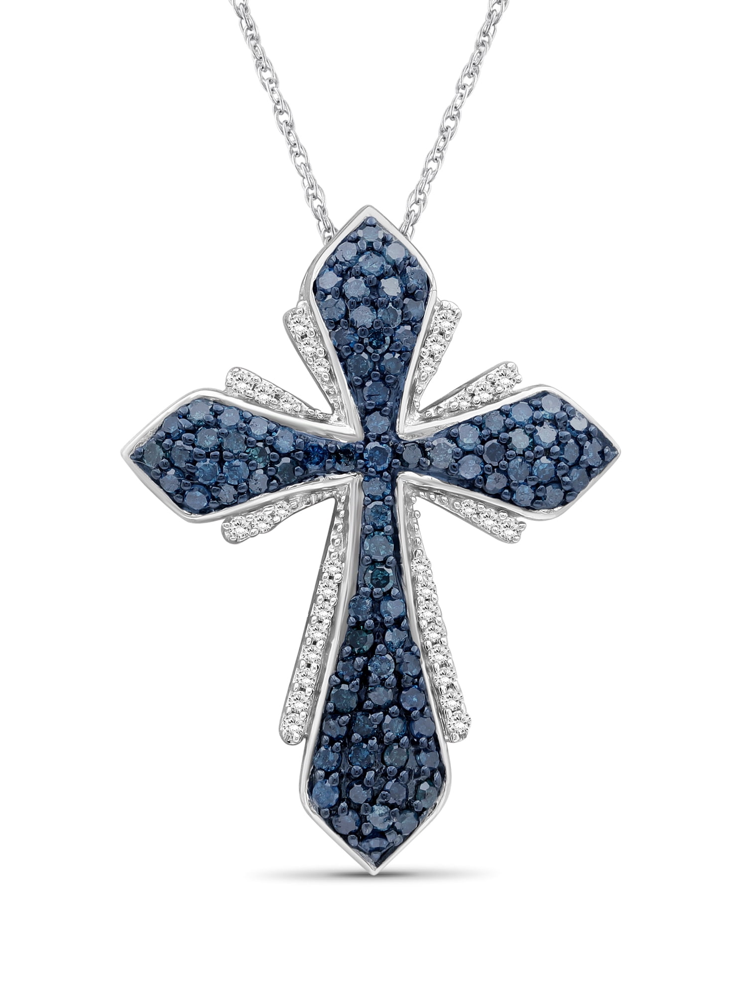 JewelersClub Sterling Silver 1.00 Carat Diamond Cross Pendant Necklace for Women Blue & White Diamonds + 18” Rope Chain Included JewelersClub Sterling Silver