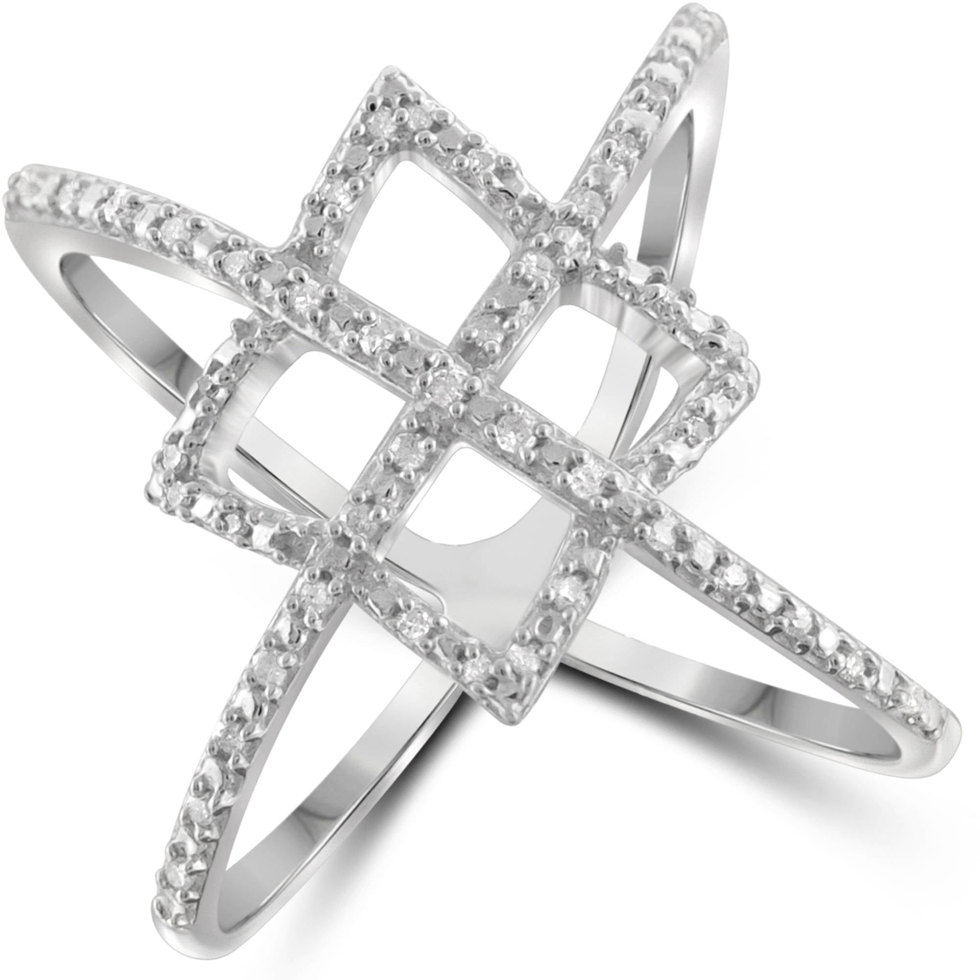 JewelersClub Sterling Silver Criss Cross Ring – 0.15 Carat White Diamond Ring with .925 Sterling Silver X Ring – Real Diamond Criscross Ring with Hypoallergenic Sterling Silver Ring Band
