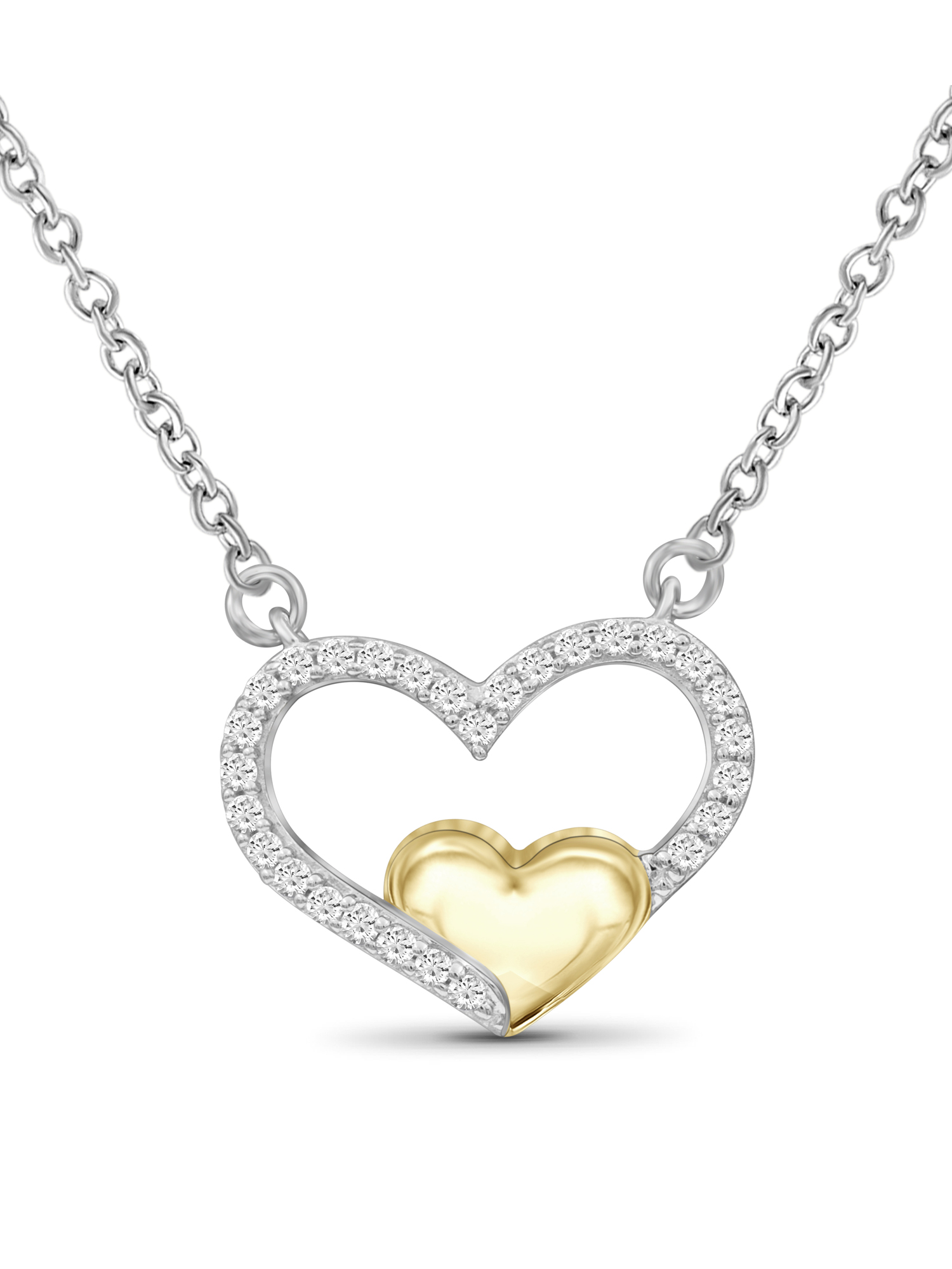 JewelersClub Two Tone Sterling Silver (.925) Heart Necklace with 0.15 Carat White Diamonds | Jewelry Pendant Necklaces for Women White Diamonds & 18 inch Rope Chain with Spring Clasp