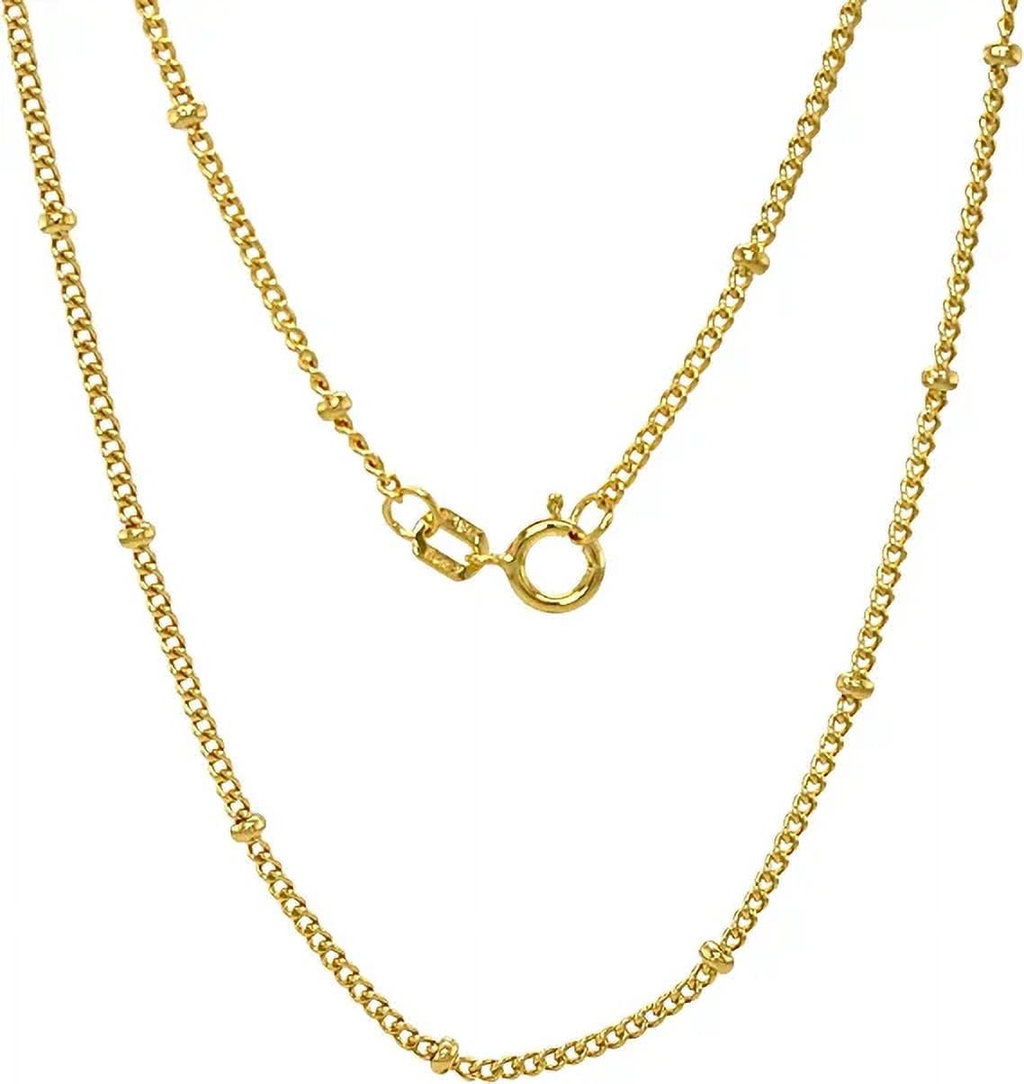 14K Real Gold Cuban Link Satellite Chain Diamond Cut Ball Bead Station Necklace For Women