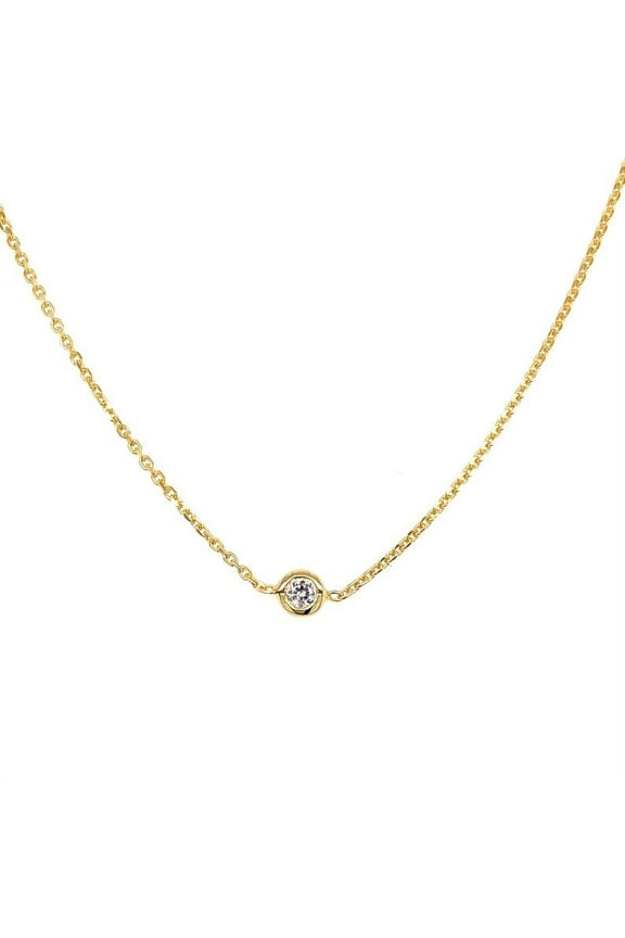 14K Solid Gold Bezel Set CZ Solitaire Choker Necklace For Women, Dainty Minimalist Real Gold Cable Chain Adjustable up to 16"