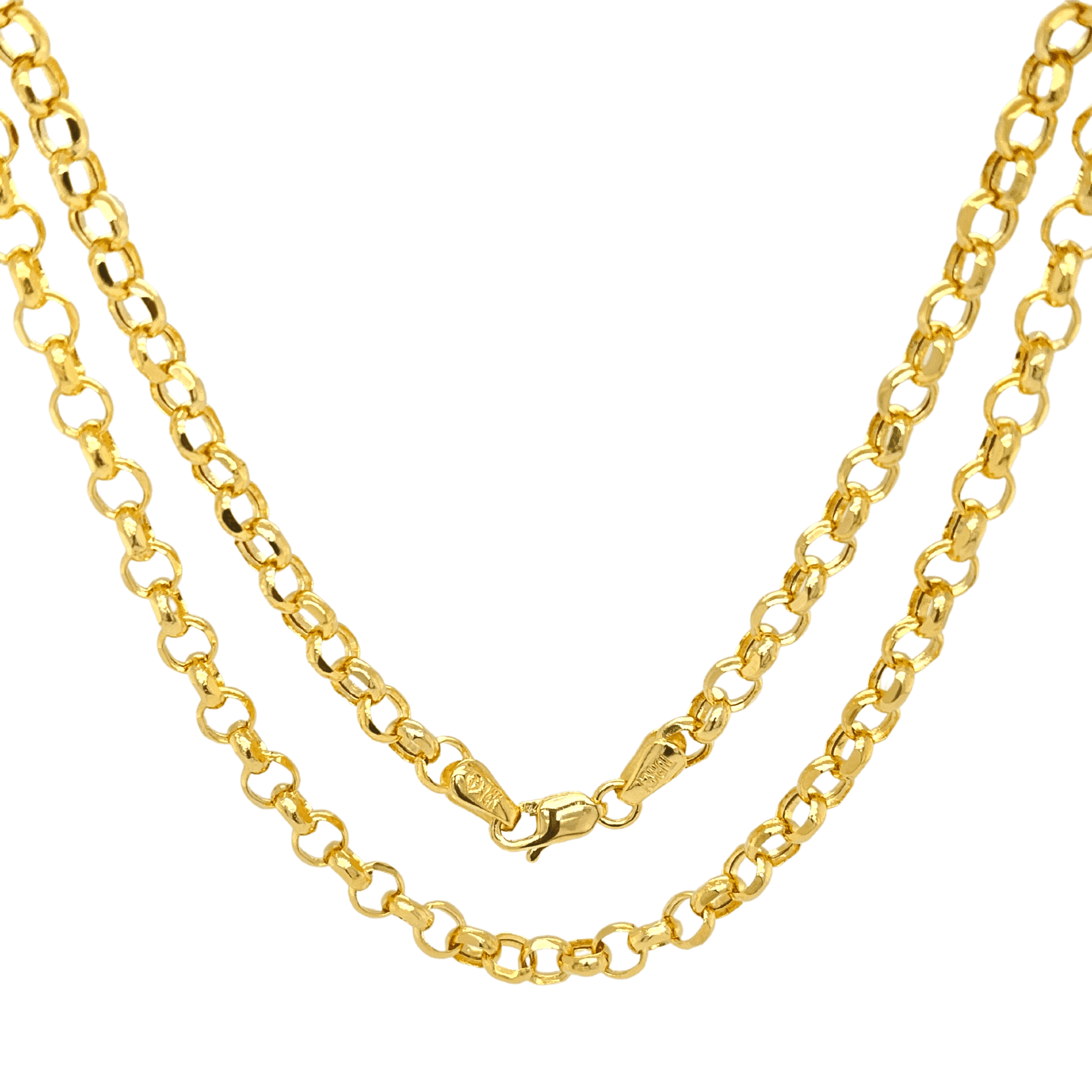 14K Yellow Real Gold Rolo Chain 1.9-3.75mm Diamond Cut Round Link Pendant Necklace For Women 16"-24"