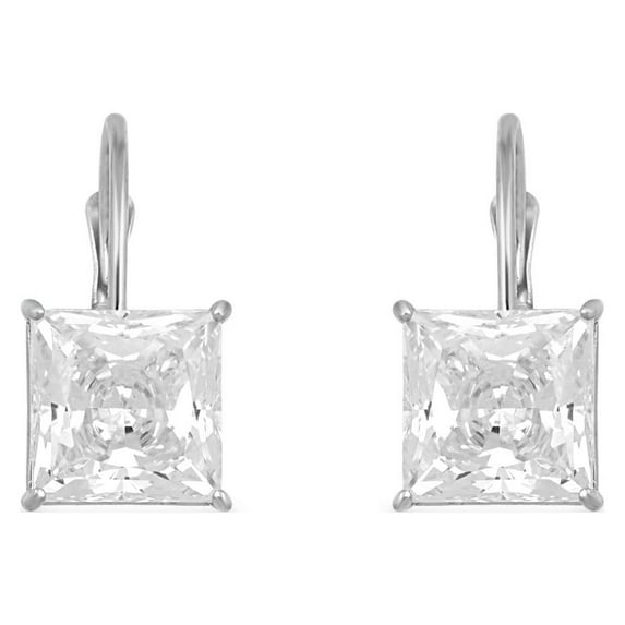 Jewelili 10K White Gold with 7 MM Square White Cubic Zirconia Lever Back Earrings