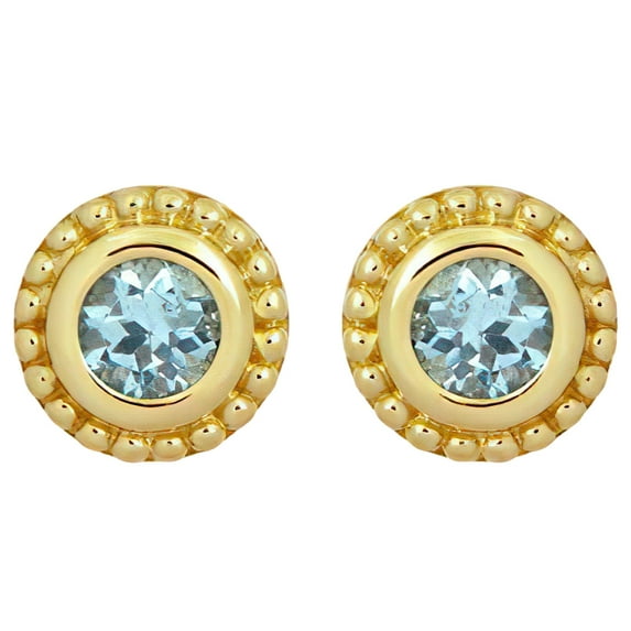 Jewelili 10K Yellow Gold 4 MM Natural Round Aquamarine Stud Earrings