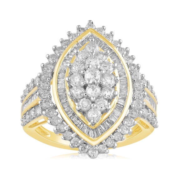 Jewelili 10K Yellow Gold with 2 Cttw Natural White Baguette and Round Diamonds Ring, Size 8