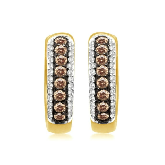 Jewelili 18K Yellow Gold Over Sterling Silver with 1/3 Cttw Natural Champagne and White Diamond Hoop Earrings