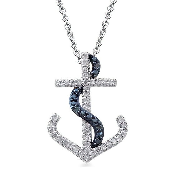 Jewelili Anchor Pendant Necklace in Sterling Silver 1/6 Cttw Treated Blue and Natural White Round Diamonds 18" Rolo chain