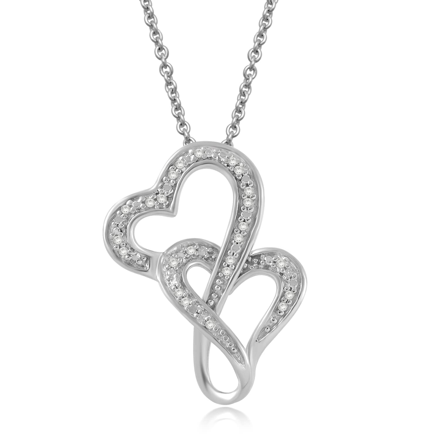 Jewelili Double Heart Necklace Pendant with Natural White Round