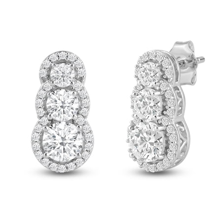 Jewelili Fine Silver Plate Beautiful Triple Round Cut Cubic Zirconia Dangle Earring for Women