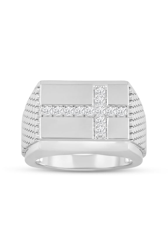 Fine Silver Plate Cross Sparkling White Cubic Zirconia Mens Ring, Textured Sides, Size 10