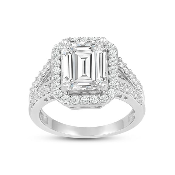 Jewelili Fine Silver Plate Octagonal and Round-cut Cubic Zirconia Halo Engagement Rings for Women, Size 7