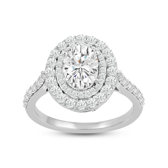 Jewelili Fine Silver Plate Double Halo Engagement Ring, Size 6, Oval-cut, Round-cut Cubic Zirconia