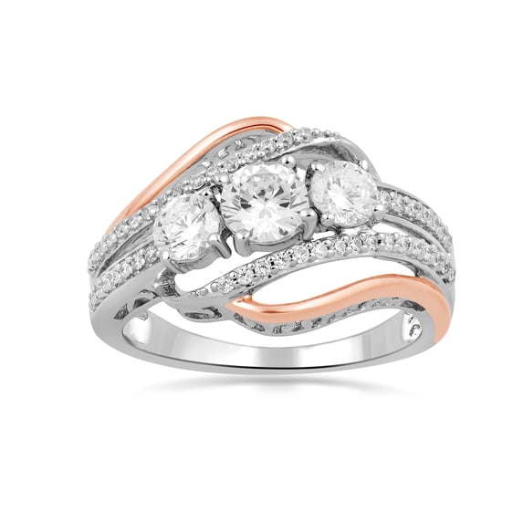 Jewelili Rose Gold Over Sterling Silver with 5 MM and 4 MM Round Created White Sapphire Three-Stone Engagement Ring, Size 6