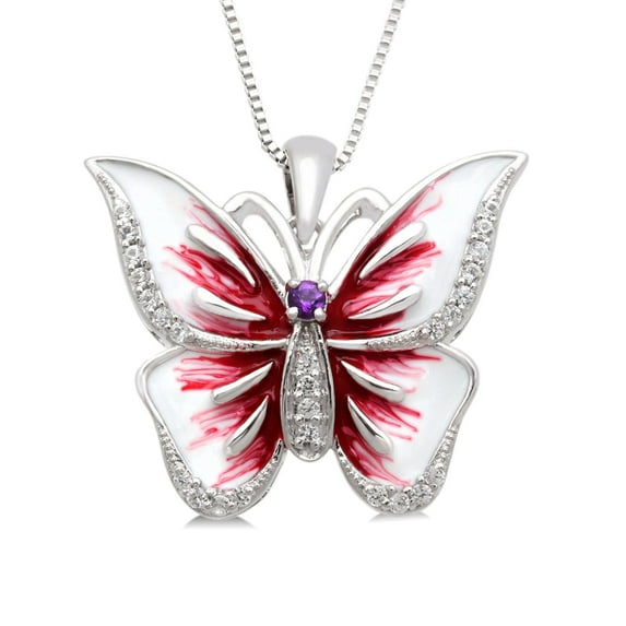 Jewelili Sterling Silver 2.2 MM Round Amethyst and Round Created White Sapphire Enamel Butterfly Pendant Necklace, 18" Box Chain