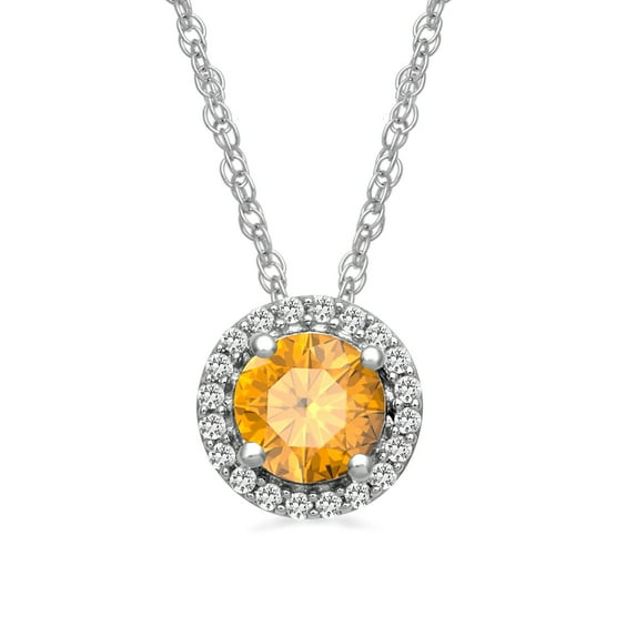 Jewelili Sterling Silver 6MM Checkerboard Golden Citrine and Round Created White Sapphire Pendant Necklace, 18" Rolo Chain