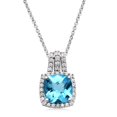 thumbnail image 1 of Jewelili Sterling Silver 9x9 MM Checkerboard Cushion Shape Swiss Blue Topaz and Round Created White Sapphire Pendant Necklace, 18" Rolo Chain, 1 of 11