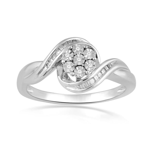 Jewelili Sterling Silver with 1/10 Cttw Natural White Round and Baguette Cut Diamond Engagement Ring, Size 8
