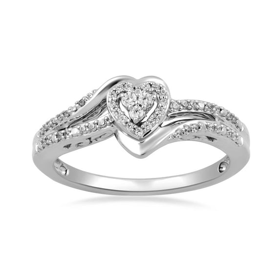 Jewelili Sterling Silver with 1/6 Cttw Natural White Round Cut Diamond Heart Bridal Engagement Ring, Size 7