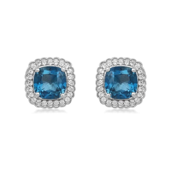 Jewelili Sterling Silver with 8x8 MM Cushion Shape Swiss Blue Topaz and Round White Topaz with 1.5 MM Round Emerald on Back Halo Stud Earrings