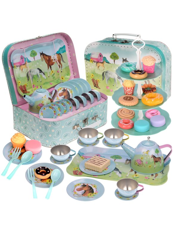 Jewelkeeper 42 Piece Tea Party Set for Little Girls Gift Pretend Kids Toy Tin Tea Set + Food & Carrying Case - Horse Design