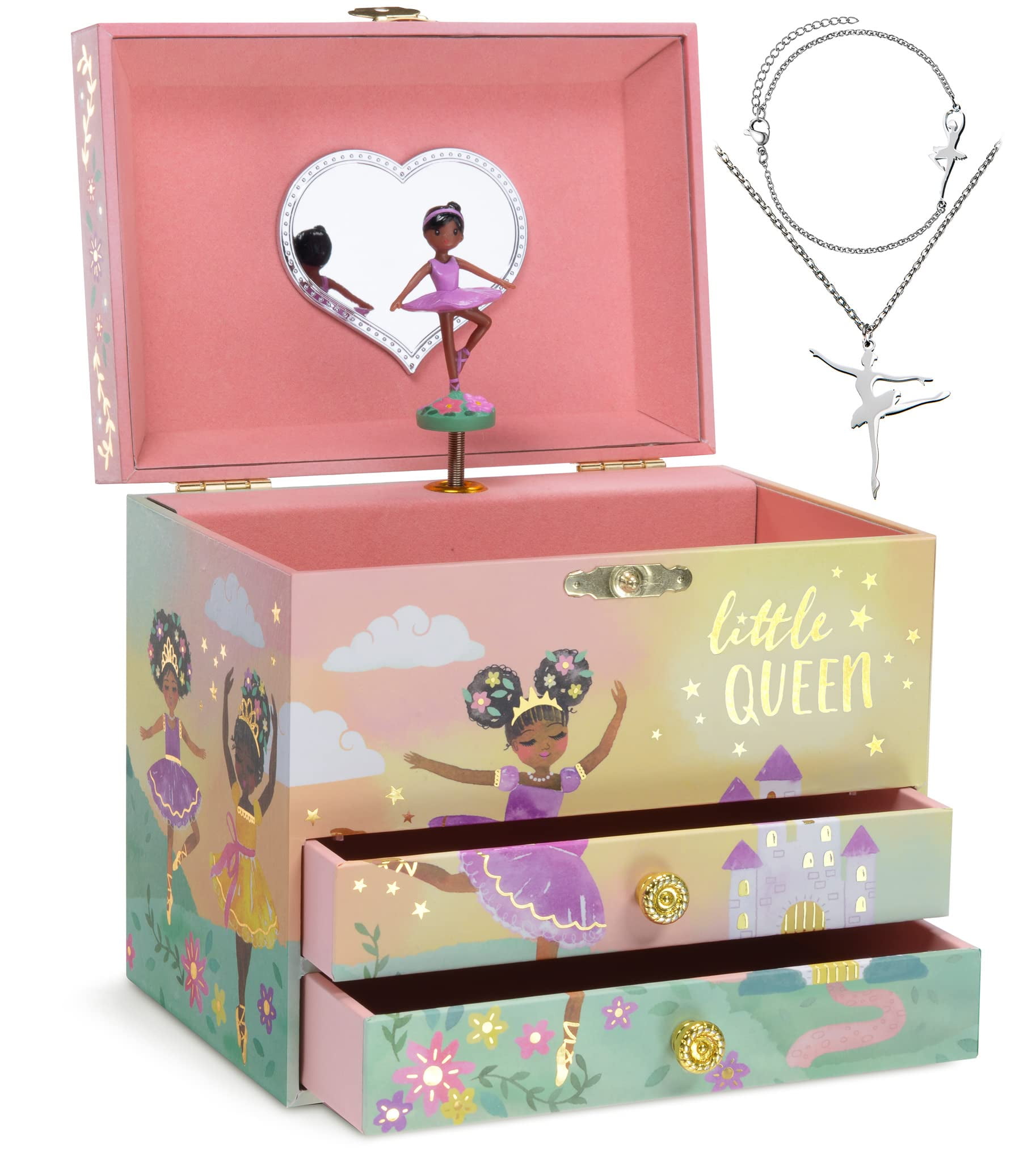 Jewelkeeper Kids' Ballerina Musical Jewelry Box For Children With 2 Drawers, Glitter And Ballet Design