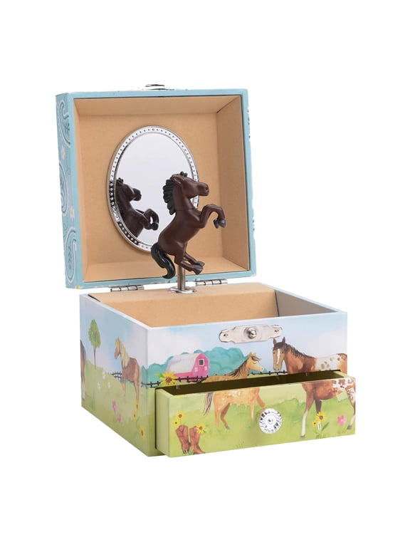 Girl's Musical Jewelry Storage Box Pullout Drawer, Horse and Barn Design, Home on the Range Tune
