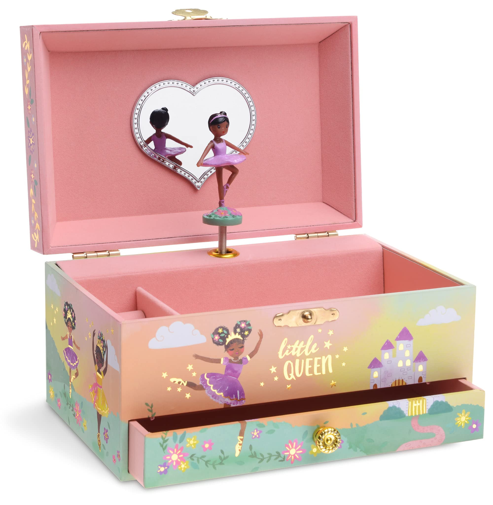 JEWELKEEPER Girl's Musical Jewelry Storage Box with Pullout Drawer and Black Ballerina, Little Queen Design, Swan Lake Tune
