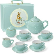 Jewelkeeper Porcelain Tea Set for Little Girls, Blue Polka Dot Design, 13pcs