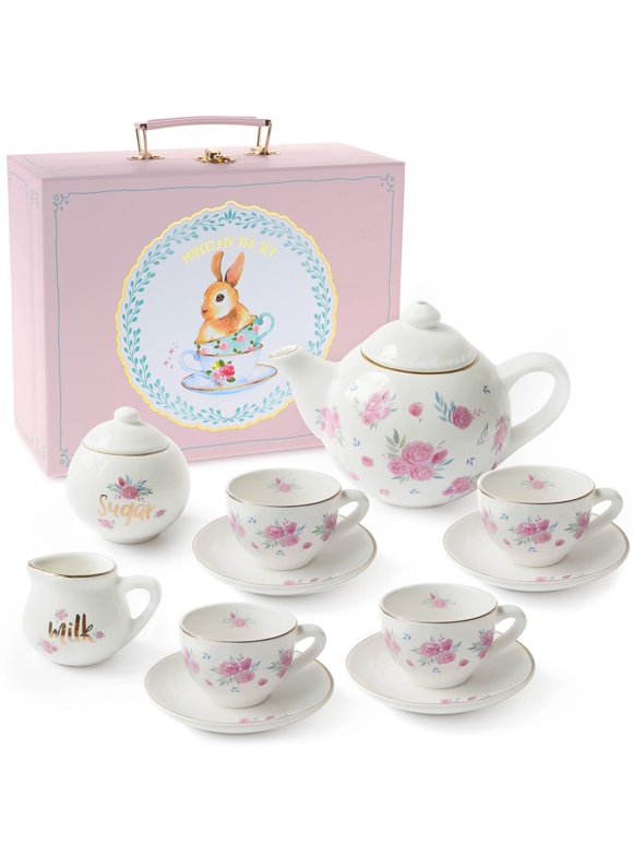 Jewelkeeper Porcelain Tea Set for Little Girls, Floral Design, 13 Pieces