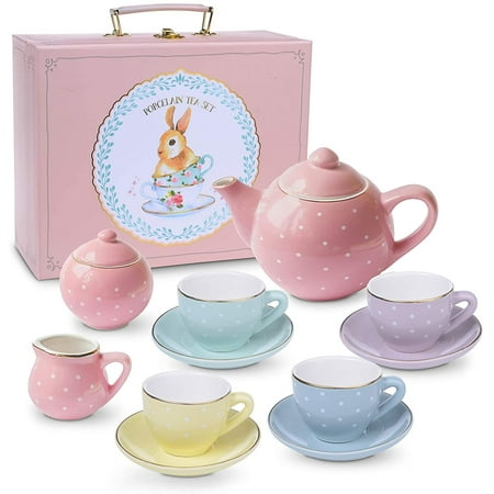 Jewelkeeper Porcelain Tea Set for Little Girls, Pastel Polka Dot, 13 Pieces
