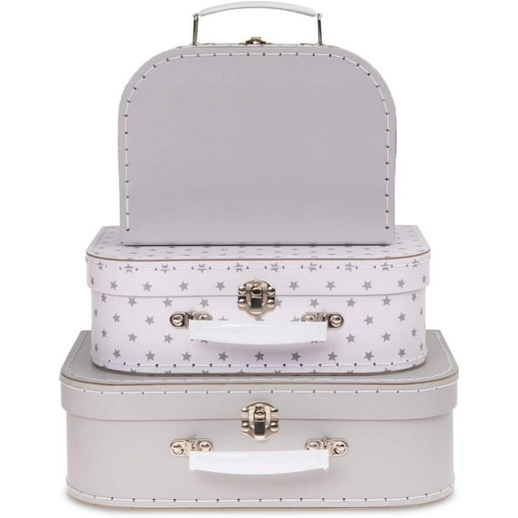 Jewelkeeper Paperboard Suitcases, Set of 3 Vintage Decorative Storage Box, Luggage Decor Storage, Vintage Decor for Birthday, Weddings, Grey Stars Design