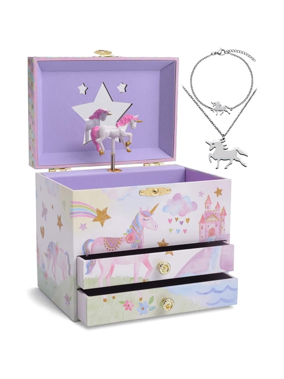 Unicorn Jewelry Box - Little Girls Jewelry Set - 3 Storage Compartments - Gift for Unicorn Themed Collectors - Music Box for Girls - The Beautiful Dreamer Tune - 7 x 4.5 x 6 inches
