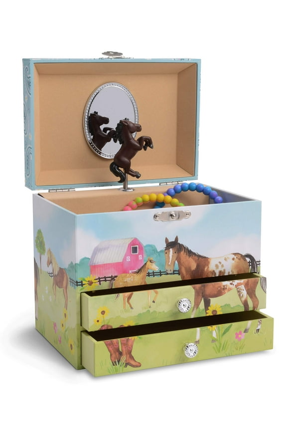 Musical Jewelry Box with 2 Pullout Drawers, Horse and Barn Design, Home on The Range Tune
