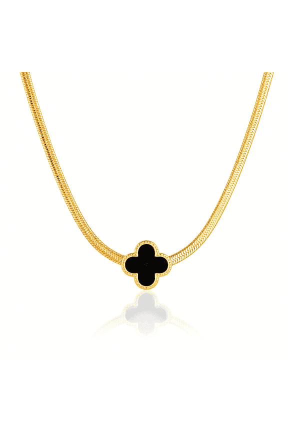 18K Gold Plated Clover Necklace for Women, Black Enamel Pendant, Dainty Charm Necklace