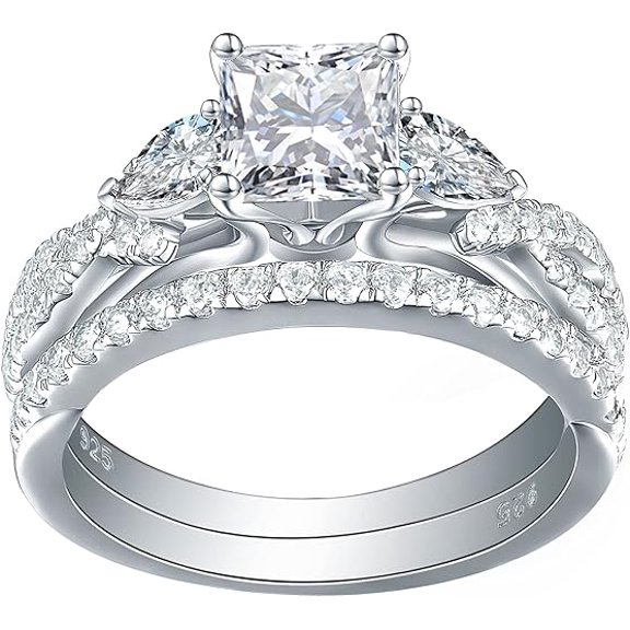 Jewellery 2.5ct Princess Pear White AAAAA Cz 925 Sterling Silver Engagement Wedding Ring Set Size 4-13