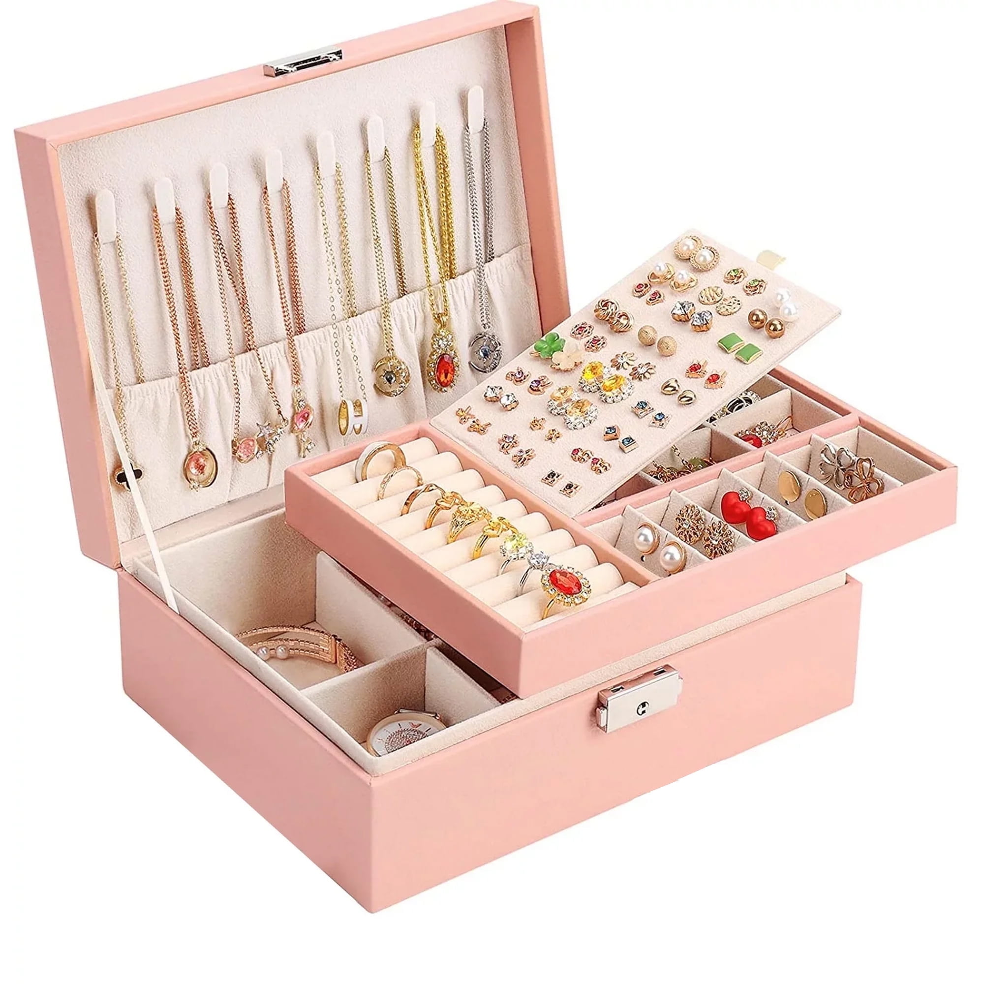 PANDATOP Jewellery Box Organiser for Women Girls, Large PU Leather Jewelry Storage Case with 2 Layer and Lock, Jewellery Boxes Holder for Women Girls Earring, Ring, Necklace, Bracelets (Pink)