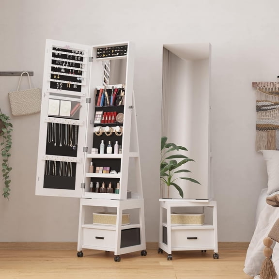 Jewellery Cabinet Jewellery Organiser With 360° Swivel Body Full Length Mirror With Locking Cabinet 66‘’ Freestanding Jewellery Organiser, Dresser With Mirror - White