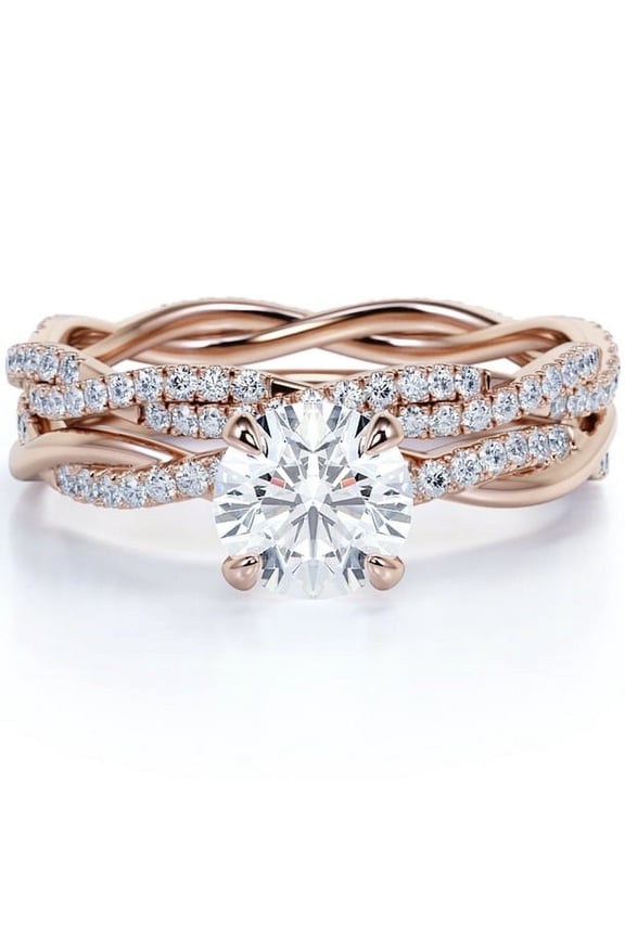 14K Gold Over Solitaire Engagement Ring, 2 Ct Lab Grown Diamond, Round Cut, VS1 Clarity E-F Color, Twisted Band with Pave Setting, Fine Jewelry for Women, Elegant Bridal Wedding Ring