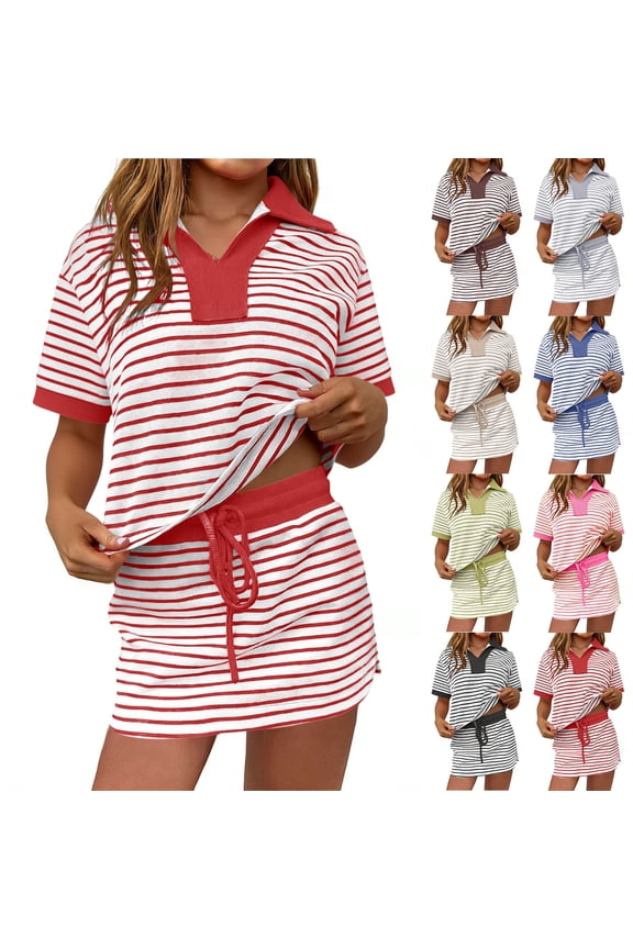 2 Piece Skirt Sets for Women Striped Matching Mini Skirts with Under Shorts Tennis Vacation Outfits (S, Red)